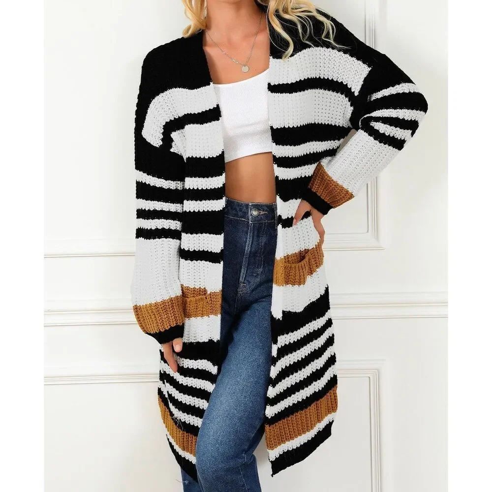 Newbury Kustom Women’s Striped Open Front Long Cardigan Sz Small NEW